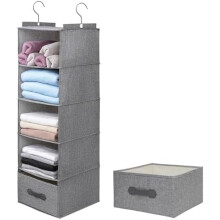 Large Hanging Sweater Organizer for Closet,Collapsible 6-Shelf Hanging Closet Shelves with Drawers, Washable (Grey-5 Shelf-1 d)