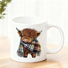 Cow Plaid Scarf Ceramic Mug, Whimsical Scottish Highland Cattle Print Coffee Tea Cup, Novelty Drinking Mug for Decor Enthusiasts, Gift Idea