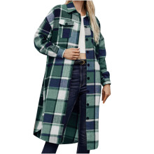Giacca shacket da donna per autunno e inverno, a quadri, con bottoni, maxi shacket, cappotto casual da giorno, ampio, con tasca, verde