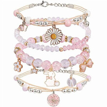Bracelets à breloques perlées (lot de 4) pour adolescentes – Élastique et ajustable, cristaux et perles, joli motif dessin animé, cadeau