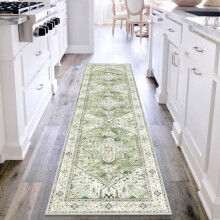 Washable 2x8 Boho Runner Rug with Rubber Backing, Stain-Resistant Low-Pile Faux Wool, Sage Green – Compatible with Hallway, Kitchen, Laundry & Entry