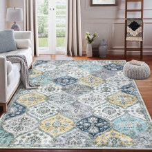 Floral trellis area rug blue yellow 5 x 7 ft