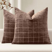 Vintage geruite chenille sierkussenhoezen, 50x50 cm, set van 2, neutrale boho-boerderijstijl kussenhoezen voor bank, bed, woonkamer – roodbruin