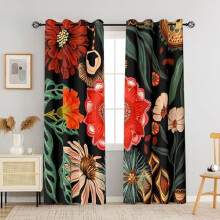 Black Boho Floral 100% Blackout Curtains, 2 Panels, 52"Wx63"L, Grommet, Thermal Insulated, Compatible with Standard Rods