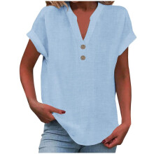 VERUGU Blusas de mujer de manga corta con cuello en V, de algodón y lino, ideales para el verano. Camiseta básica lisa con botones, estilo casual y
