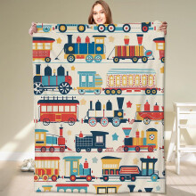 Couverture vintage mignonne avec motif train et voiture de dessin animé amusant – Polaire douce et légère, 100 x 125 cm, idéale pour les