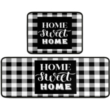 2-Pc Buffalo Plaid Kitchen Rugs Set, Black & White Farmhouse Mats, Water-Absorbent Microfiber, 17"x47"+17"x23"