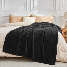 Super Soft Queen Blanket Black Premium Silky Flannel Fleece 3D Waffle Checkered Lightweight Bed Blanket All Season Use (Black, Queen(90"x90"))