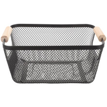 Homoyoyo Iron Wire Basket with Wooden Handle Black for Organizing and Home Storage