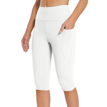 Női térdig érő leggings, magas derekú, jógára és edzésre való capri nadrág, hétköznapi, nyári zsebekkel, fehér, XXL