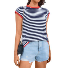 Damen-Strickweste mit Rundhalsausschnitt, Tanktop, lässiges gestreiftes Kurzarmtop, Frühling 2025, süße Kleidung, Blau, Größe L