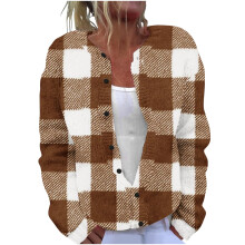Damen-Strickcardigan mit Karomuster, Rundhalsausschnitt, langen, schmal zulaufenden Bündchen, lockerem Schnitt, übergroßen Knöpfen, weichem,