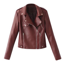 Veste en cuir femme décontractée, couleur unie, col à revers, fermeture éclair, coupe courte, blouse, manches longues, style motard, bordeaux,