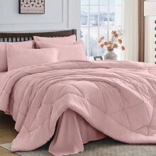 Juego de edredón King color rosa empolvado - Juego de cama de 7 piezas para todas las estaciones, ultrasuave, compatible con camas King