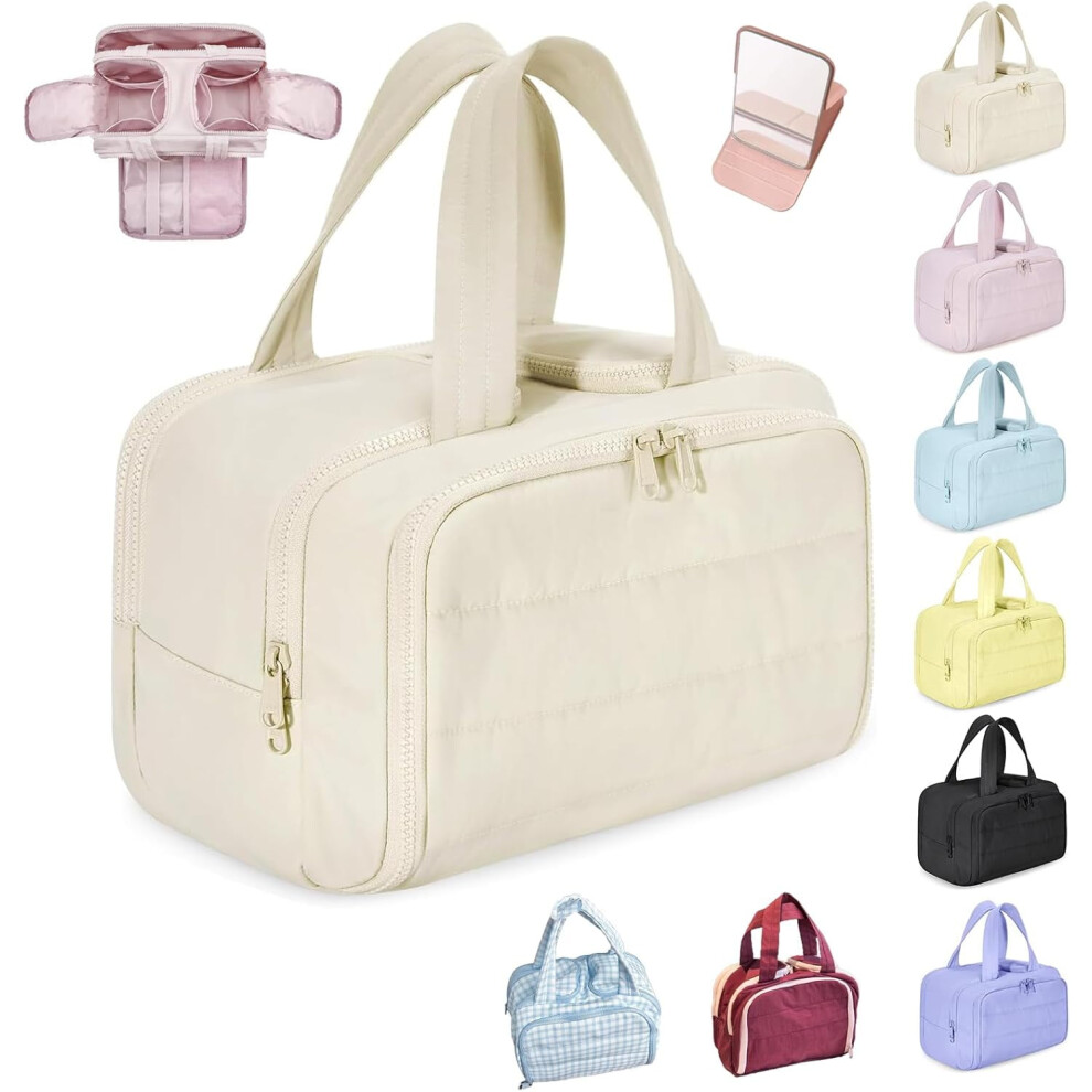 Elouva 4-in-1 Toiletry Bag â Lightweight, Large-Capacity, Wide-Open Cosmetic Organizer with Handle (Beige)