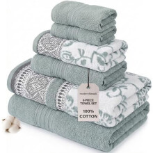 Ensemble de 6 serviettes Ophelia 100 % coton – Jacquard réversible et uni, vert sauge – 2 serviettes de bain, 2 serviettes pour les mains, 2
