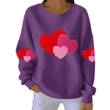 Sweat-shirt femme Saint-Valentin imprimé cœur, col rond côtelé, manches longues