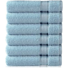 Lot de 6 serviettes de toilette bleu clair ultra-douces 40 x 70 cm, 100 % coton ringspun avec bordure en rayonne, 170 g chacune