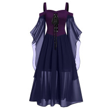 Gotisk häxkostym för dam, medeltida renässans, cosplayklänning, långärmad vintage maxiklänning, marinblå, 4XL, kompatibel med Halloween
