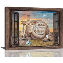 Christian Wall Art – Psalm Bible Verse Canvas Print, Stone Cross Design, 12"x16", Farmhouse Religious Decor for Bedroom & Living Room