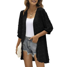 Cardigan casual da donna a maniche a tre quarti, aperto sul davanti, leggero, a pois, con volant drappeggiati, nero, taglia M.