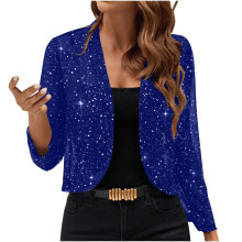 Giacca corta da donna con paillettes, blazer sottile aperto sul davanti, bolero alla moda, cardigan glitterato in rete per abito da sera, blu navy, XL