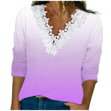 Top corto morado de manga larga para mujer, corte holgado, cuello en V con encaje, top de poliéster con degradado de manga larga para mujer, talla M