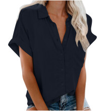 Blusas de verão femininas, camisas femininas plus size com gola, manga curta e botões, blusas casuais de cor sólida e modelagem ajustada.