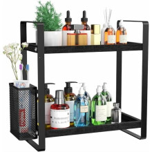 Organisateur de comptoir de salle de bain, étagère en bois pour lavabo, plateau à maquillage pour parfums et soins de la peau – Noir