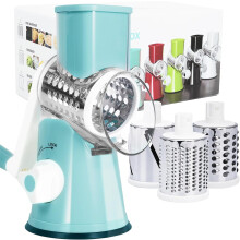Rotary Cheese Grater, Grater Hand Crank with 3 Interchangeable Blades, Manual Shredder Strong Suction Base, Easy to Use and Clean, Blue