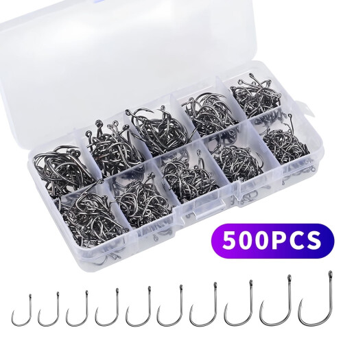 Set di ami da pesca per acqua dolce e salata, 500 pezzi, 10 misure.