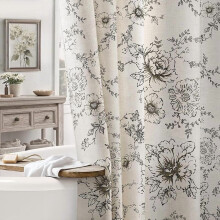 Farmhouse floral shower curtain black linen tan taupe 72x72