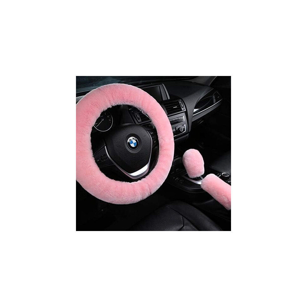 3Pcs Pure Wool Fur Steering Wheel & Handbrake Cover Set Â Soft Fluffy Sheepskin, Compatible With Cars/Suvs/Trucks, Pink 9426043838850
