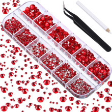 2000pcs Flat Back Rhinestones (1.5-6mm), 6 Sizes, Red, with Tweezer & Picking Pen – Compatible with Crafts, Nails, Clothes, Shoes, Bags, DIY Art