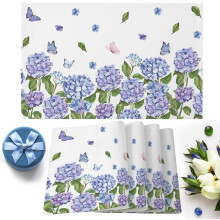 Spring Hydrangea Butterfly Placemats Set of 4, Washable & Heat-Resistant Cotton Linen, Indoor/Outdoor Use – Purple/Green