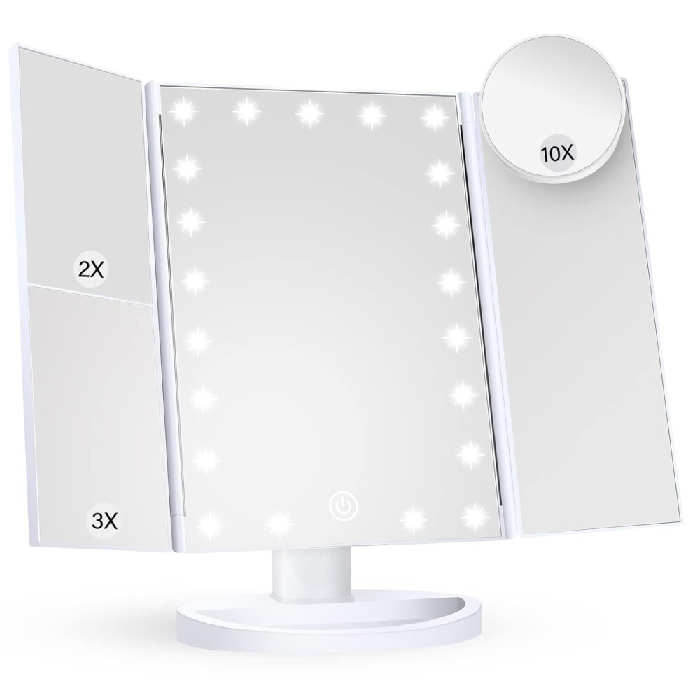 Light Trifold Ed Vanity Mirror With 21 Leds, 2X/3X/10X Magnification, Touch Dimming, Dual Power, Compatible With All Standard Outlets