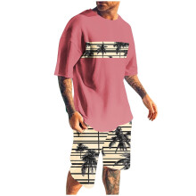 Ensembles de shorts pour hommes, tenues 2 pièces, chemises à col rond imprimées, coupe slim, taille élastique, manches courtes et col rond