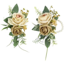 Beige Silke Rose Håndledskorsage & Boutonniere Sæt