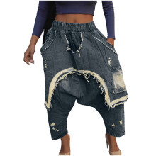 Dámské retro džíny s širokými nohavicemi, 100% denim, elastický pas, nízký pas, vintage styl, roztrhané, volné, velikost S-2XL, plus size