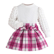 Conjunto Ediodpoh para Meninas, Blusa de Manga Comprida, Saia com Laço Estampada Xadrez, Duas Peças, Rosa Pink, 5-6 Anos
