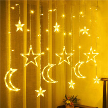 Cortina de luzes LED à prova d'água com controle remoto, decoração de estrelas e lua para ambientes internos e externos – 3,5 metros com plugue