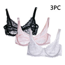 3 stk. sexede, transparente bh'er med uforet bøjle og blonde mesh, ikke polstret, ultratynd, klar bralette