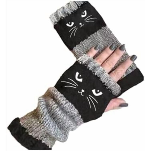 Luvas femininas de tricô sem dedos com bordado de gato.