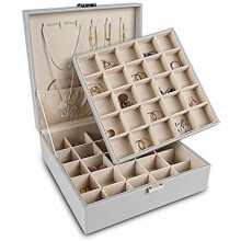 Ohrring-Organizer, klassische Schmuckbox mit 50 Fächern, doppellagiger Schmuckaufbewahrung, 6 Halskettenhaken und Armbandtasche (Grau)