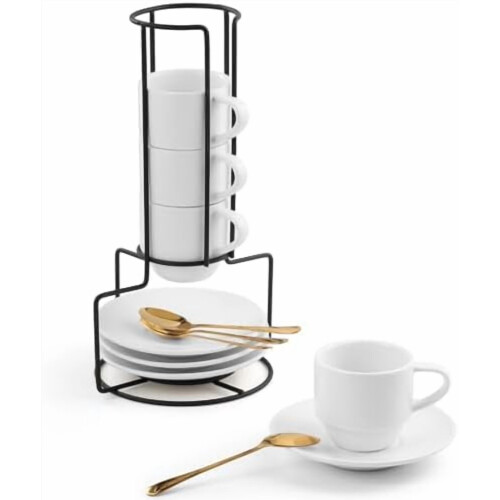 85 g espressokopper med underkopper, skeer og stabelstativ