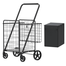 Large Shopping Cart,Grocery Cart on Wheels, Foldable Utility Shopping Carts with Double Basket and 360 Rolling Swivel Wheels for Garden, Yard, Black