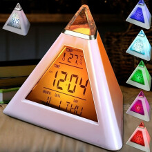 Despertador LED em formato de pirâmide com luz de 7 cores, digital.