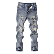 Boys Ripped Slim Fit Stretch Denim Trousers, Light Blue, 13-14 Years – Distressed Streetpants with Pockets