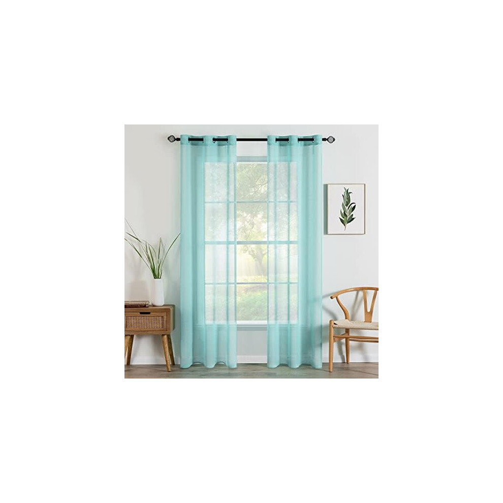 Turquoise Semi-Sheer Grommet Curtains 37x84", Linen-Textured Voile Drapes for Bedroom/Living Room, Aqua Blue Girls Decor