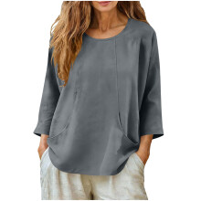 Kukoosong Damen Langarmshirt mit Rundhalsausschnitt, Basic-Top aus Baumwollleinen in lockerer Passform